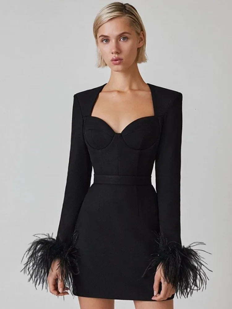 Women's Fitted Mini Dress with Feathered Cuffs