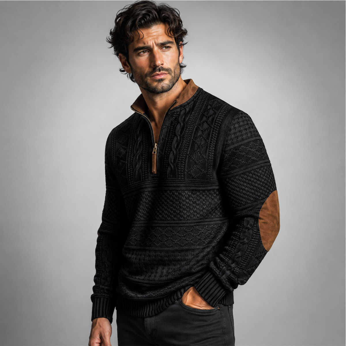 The Siena Men’s Casual Patterned Half Zip Sweater with Elbow Patches