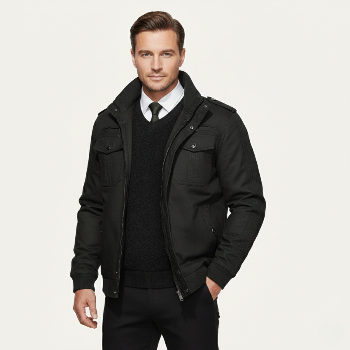 The Macerata Men’s Thermal Military Style Zip-Up Fleece Lined Jacket