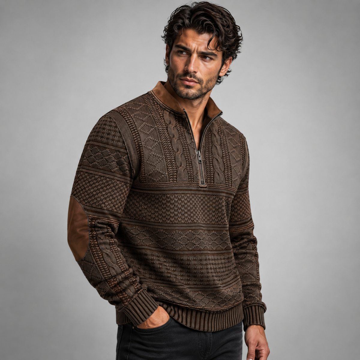 The Siena Men’s Casual Patterned Half Zip Sweater with Elbow Patches