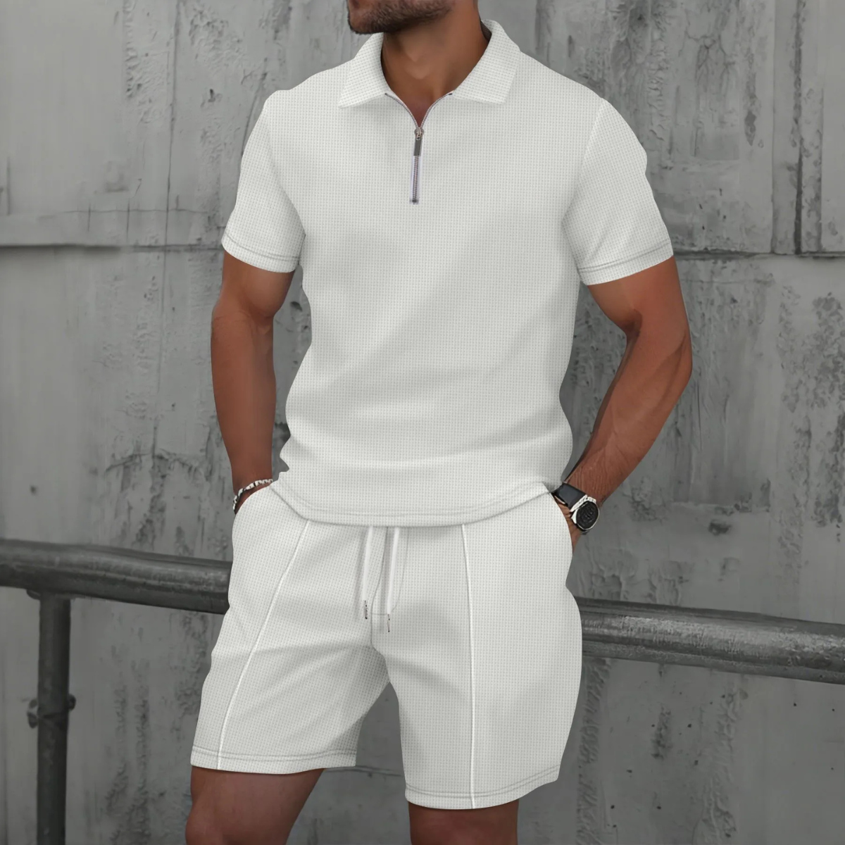 The Cheltenham Men’s Waffle Knit Zip-Up Shirt & Shorts Set