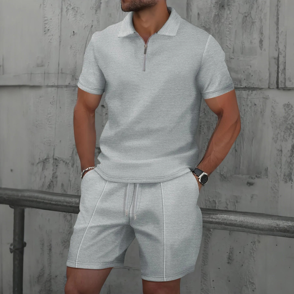 The Cheltenham Men’s Waffle Knit Zip-Up Shirt & Shorts Set
