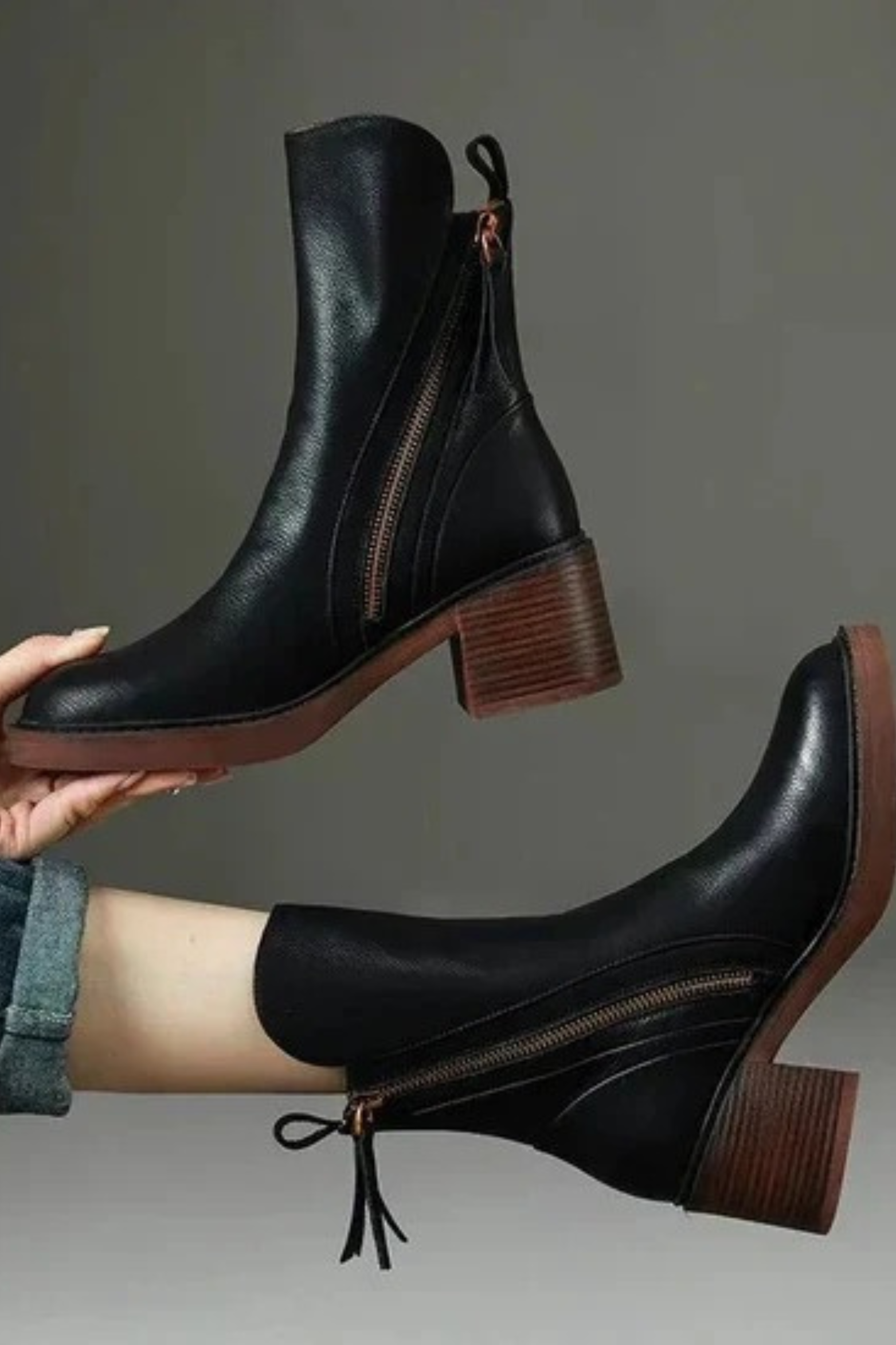 Women's Ankle Boots with Side Zipper Block Heel