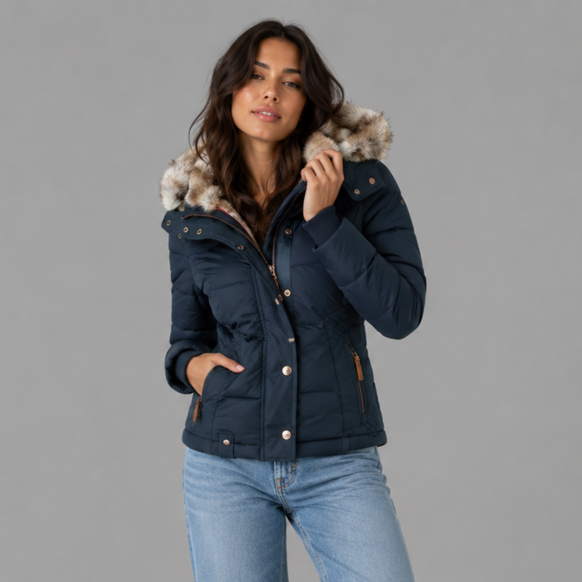 Women's Quilted Winter Coat | Long Jacket with Detachable Fur Hood