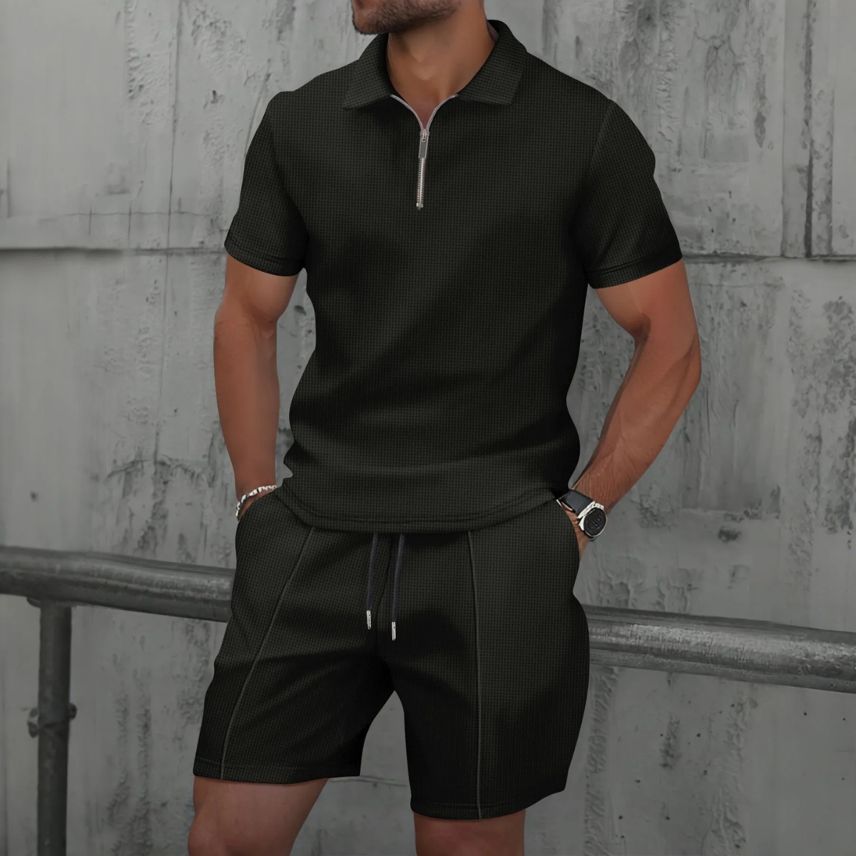 The Cheltenham Men’s Waffle Knit Zip-Up Shirt & Shorts Set