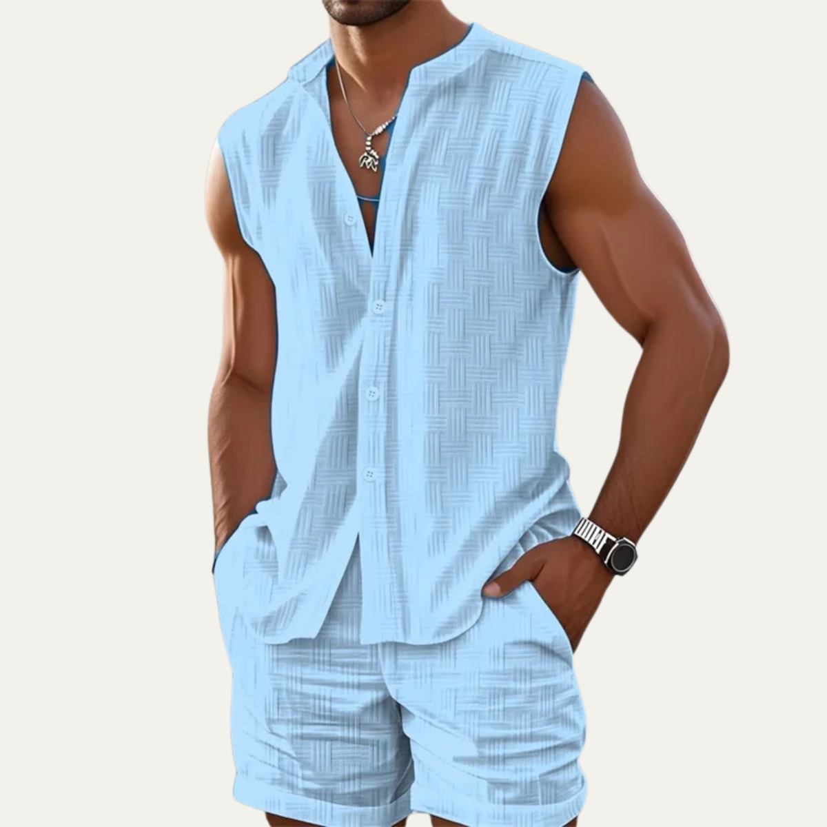 The Conwy Men’s Sleeveless Shirt and Shorts Two Piece Summer Set