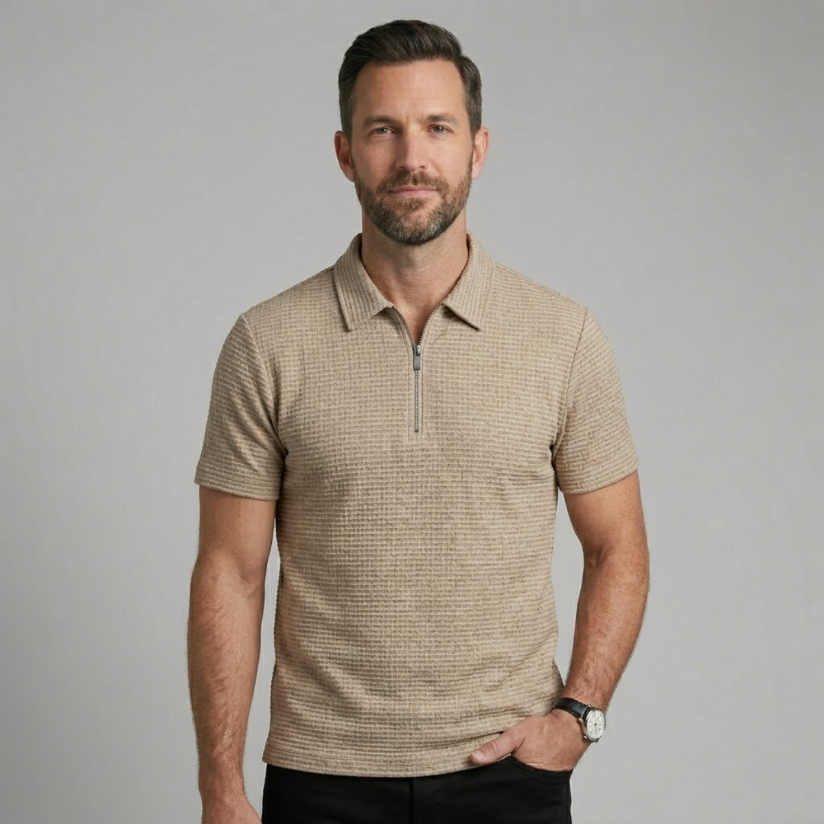 Men’s Waffle Knit Half Zip Polo Shirt