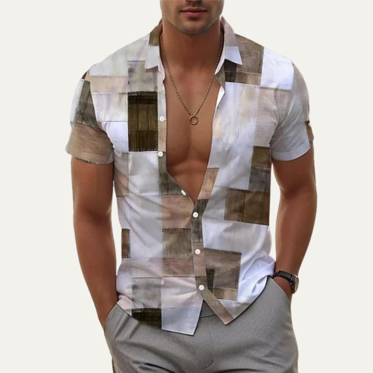 The Alnwick Trendy Patchwork Short Sleeve Button Up Shirt