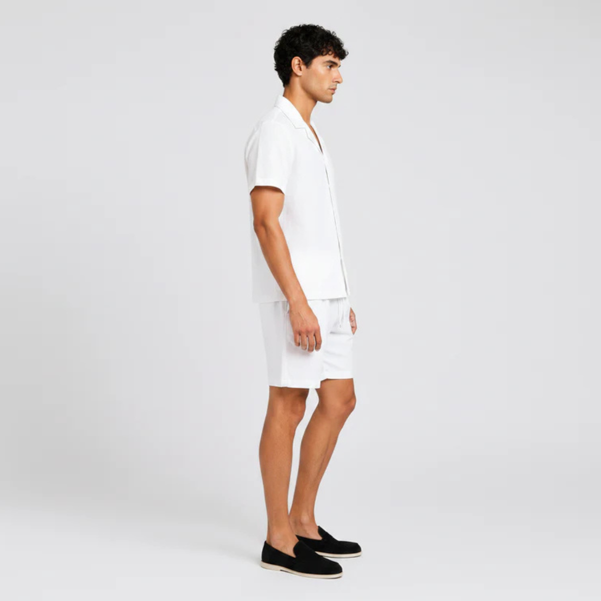 The Orlando Men's Linen Collar Shirt & Drawstring Shorts Set - White