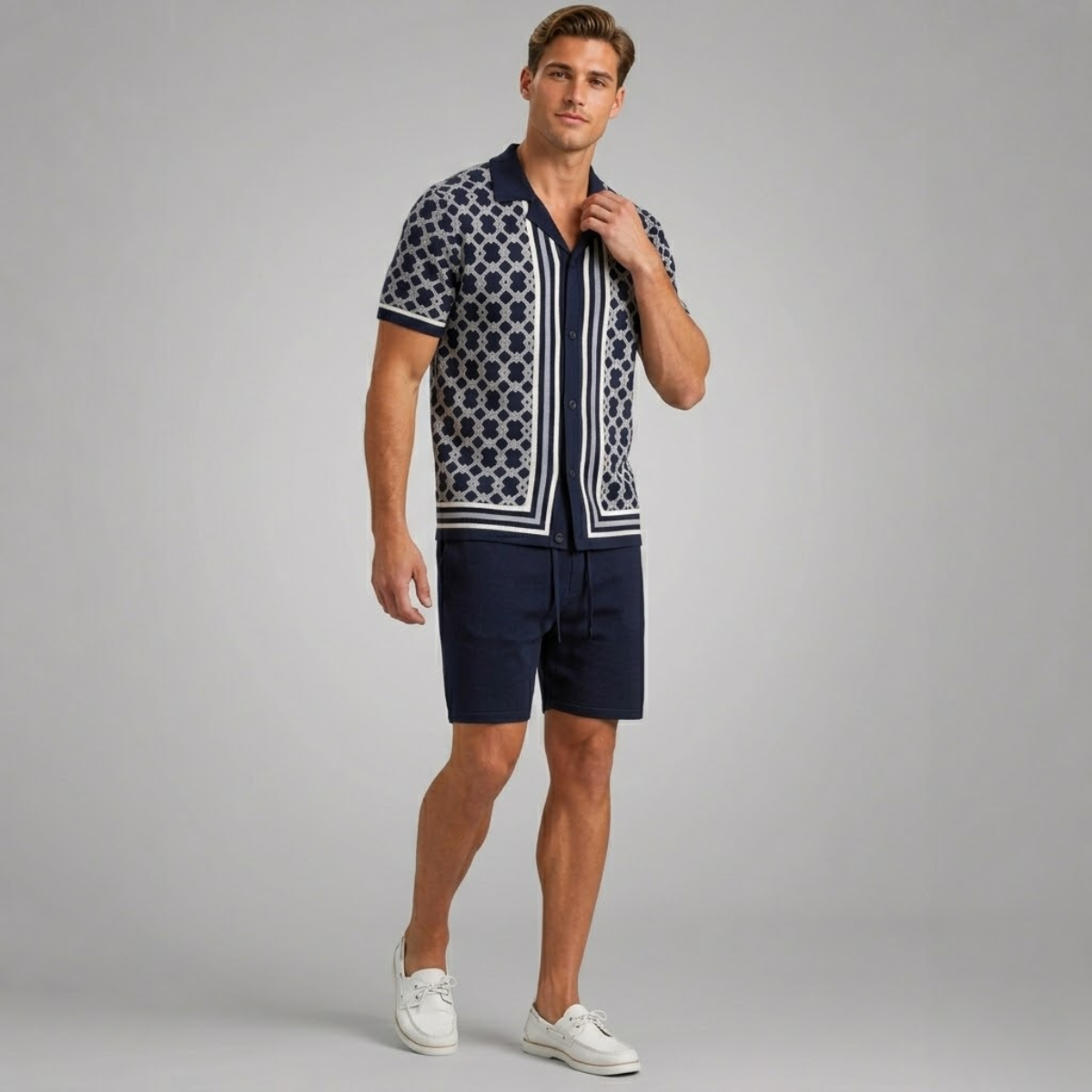 The Burford Men’s Cuban Collar Knitted Shirt & Shorts Summer Set