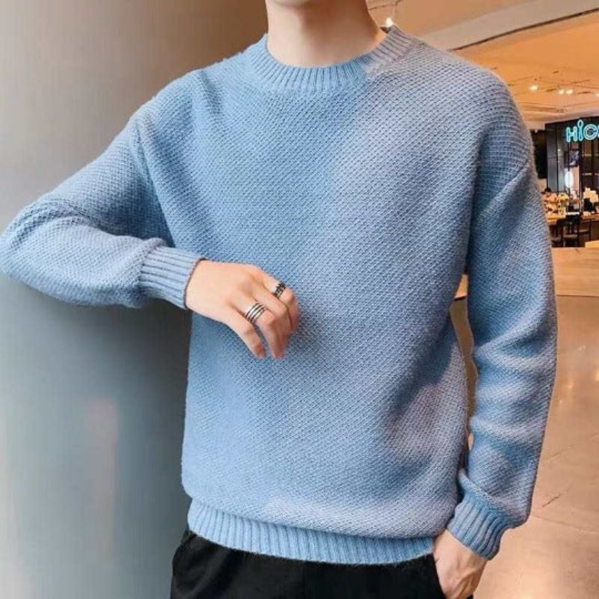 Men's Comfortable Jumper with Ribbed Hem