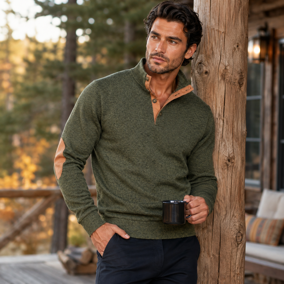 The Oakcrest Men's Stand Collar Fleece Jumper with Suede Elbow Patches