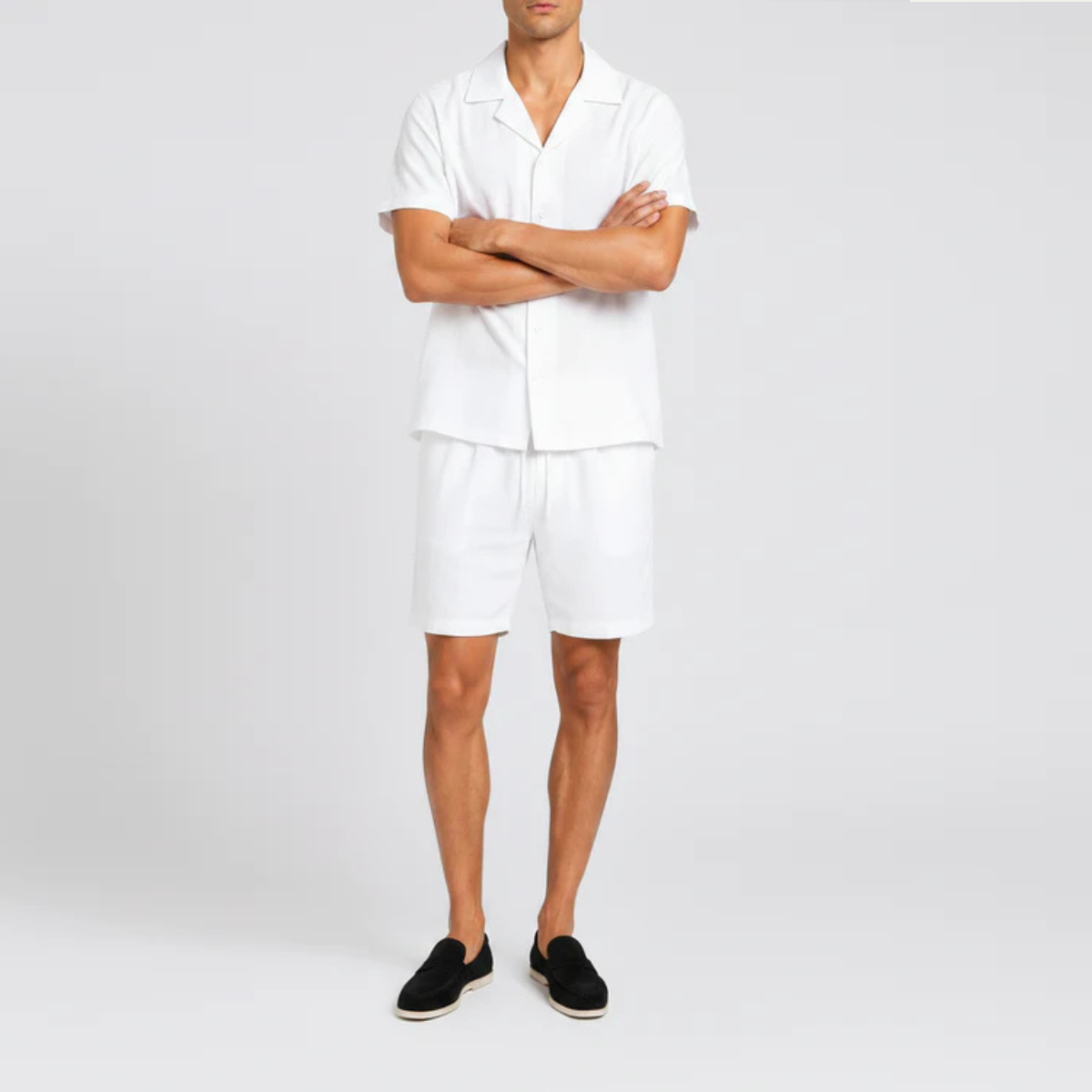The Orlando Men's Linen Collar Shirt & Drawstring Shorts Set - White