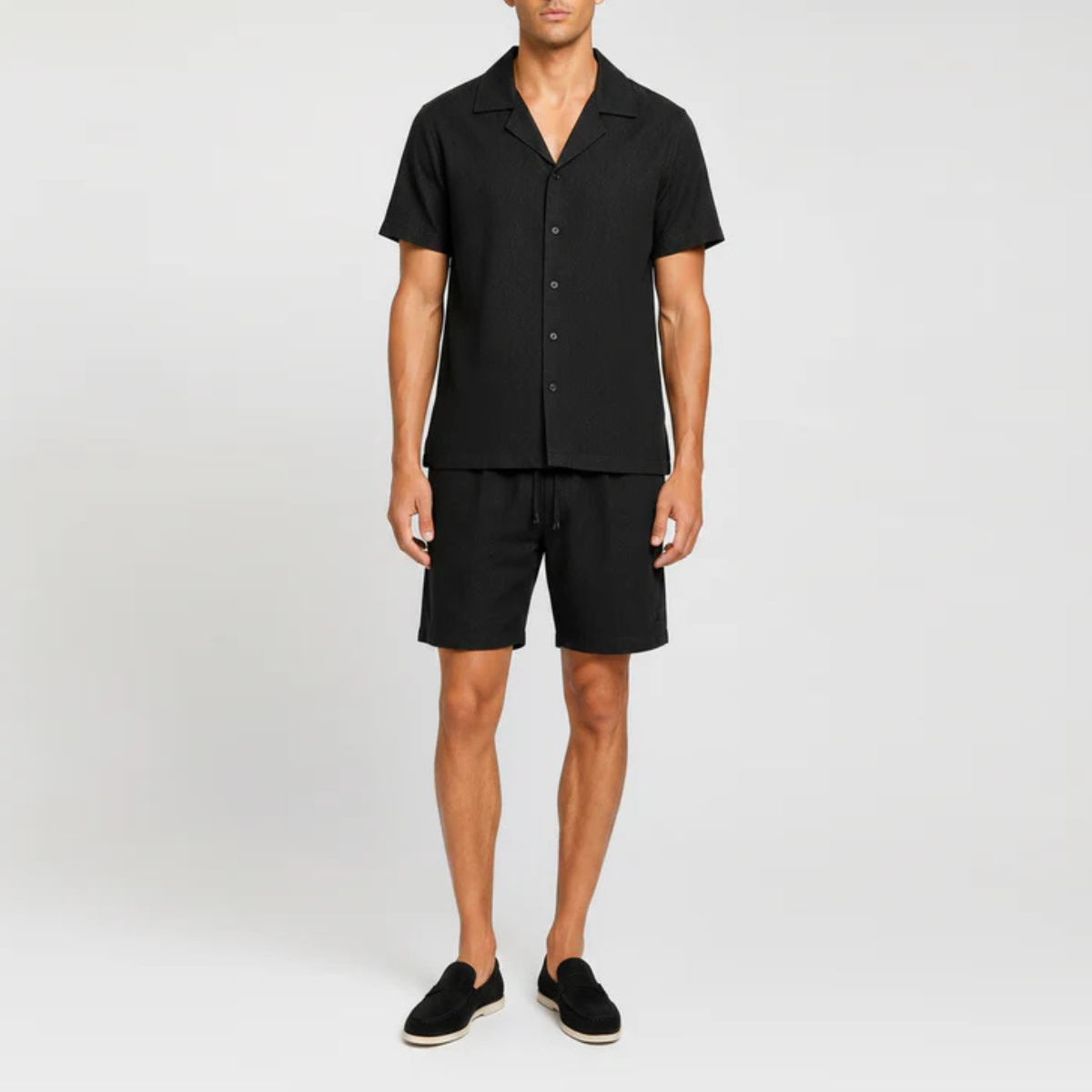 The Jacksonville Men's Linen Collar Shirt & Drawstring Shorts Set - Black
