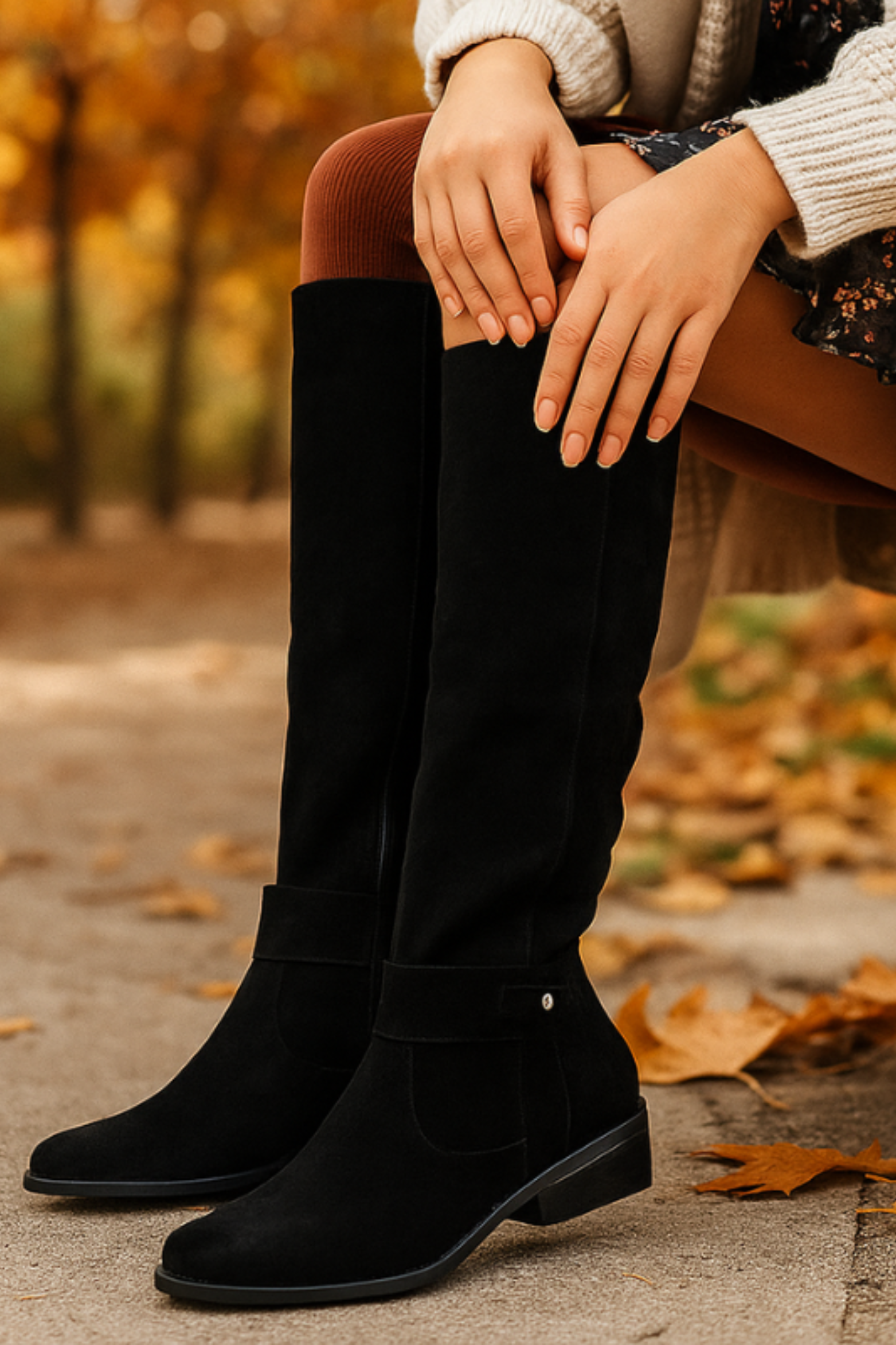 Women's Slouchy Knee High Riding Boots with Buckle Low Heel