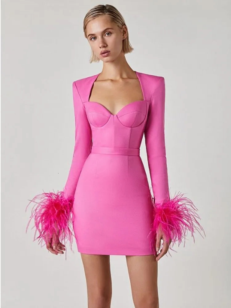Women's Fitted Mini Dress with Feathered Cuffs