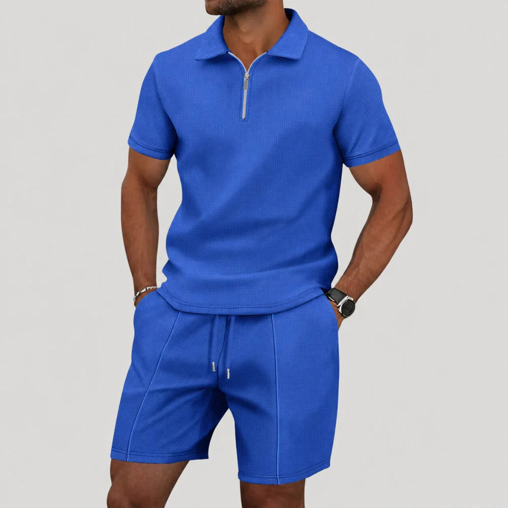 The Alba Men's Textured Zip Polo Shirt and Shorts Set