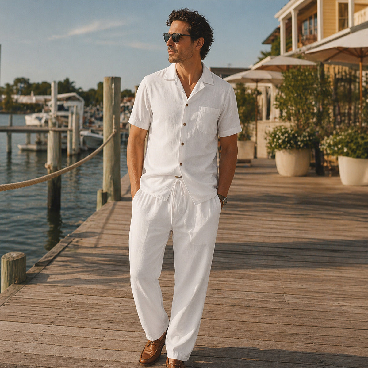 The Morzine Men’s 2 Piece Casual Button Down Set – Linen Shirt and Trousers