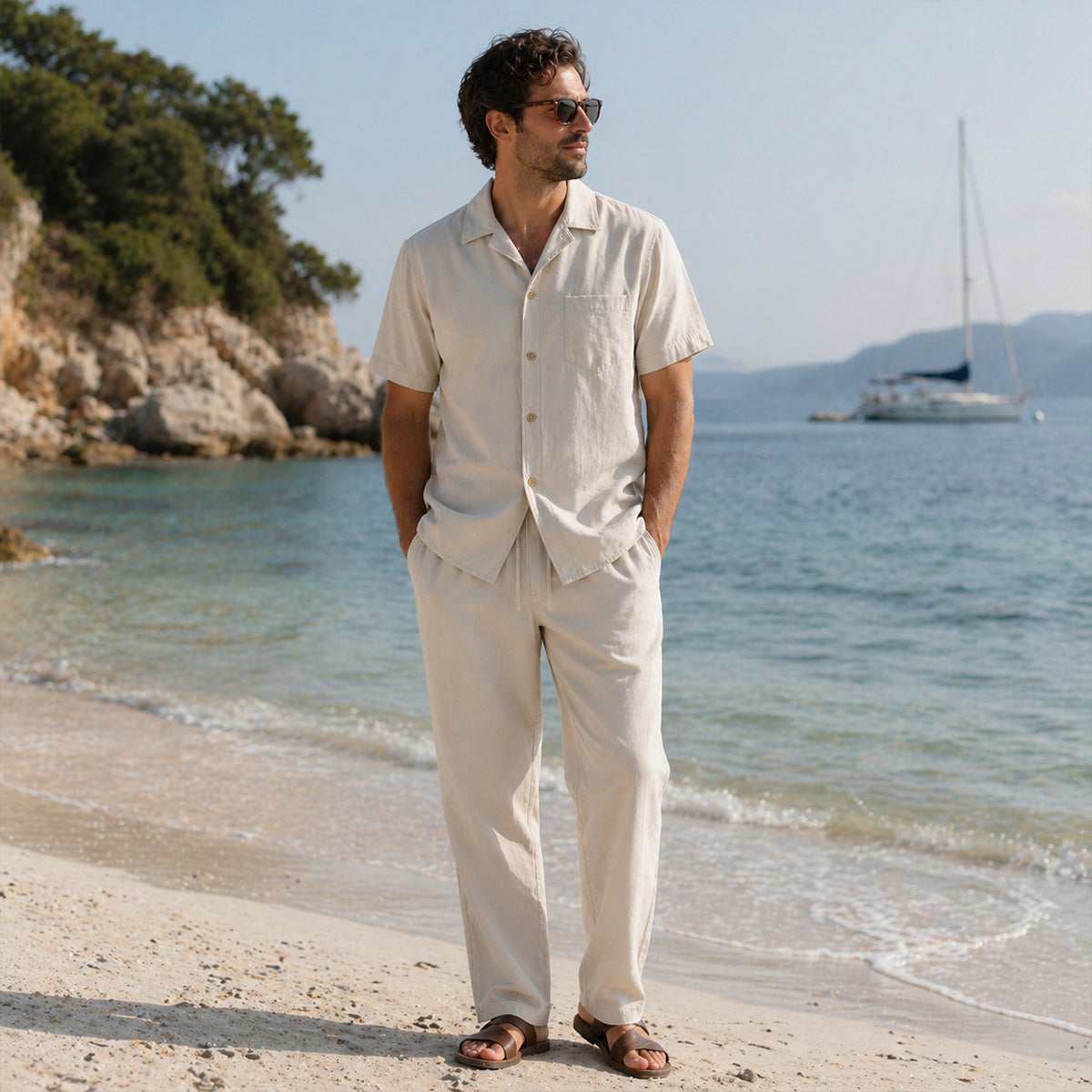 The Morzine Men’s 2 Piece Casual Button Down Set – Linen Shirt and Trousers