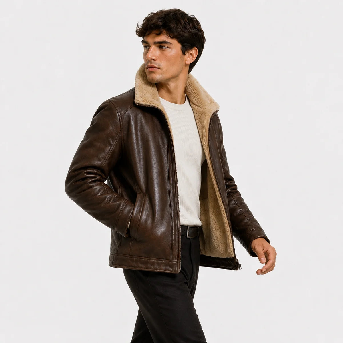 The Napa Valley Men’s Shearling Collar Zip Jacket - Brown