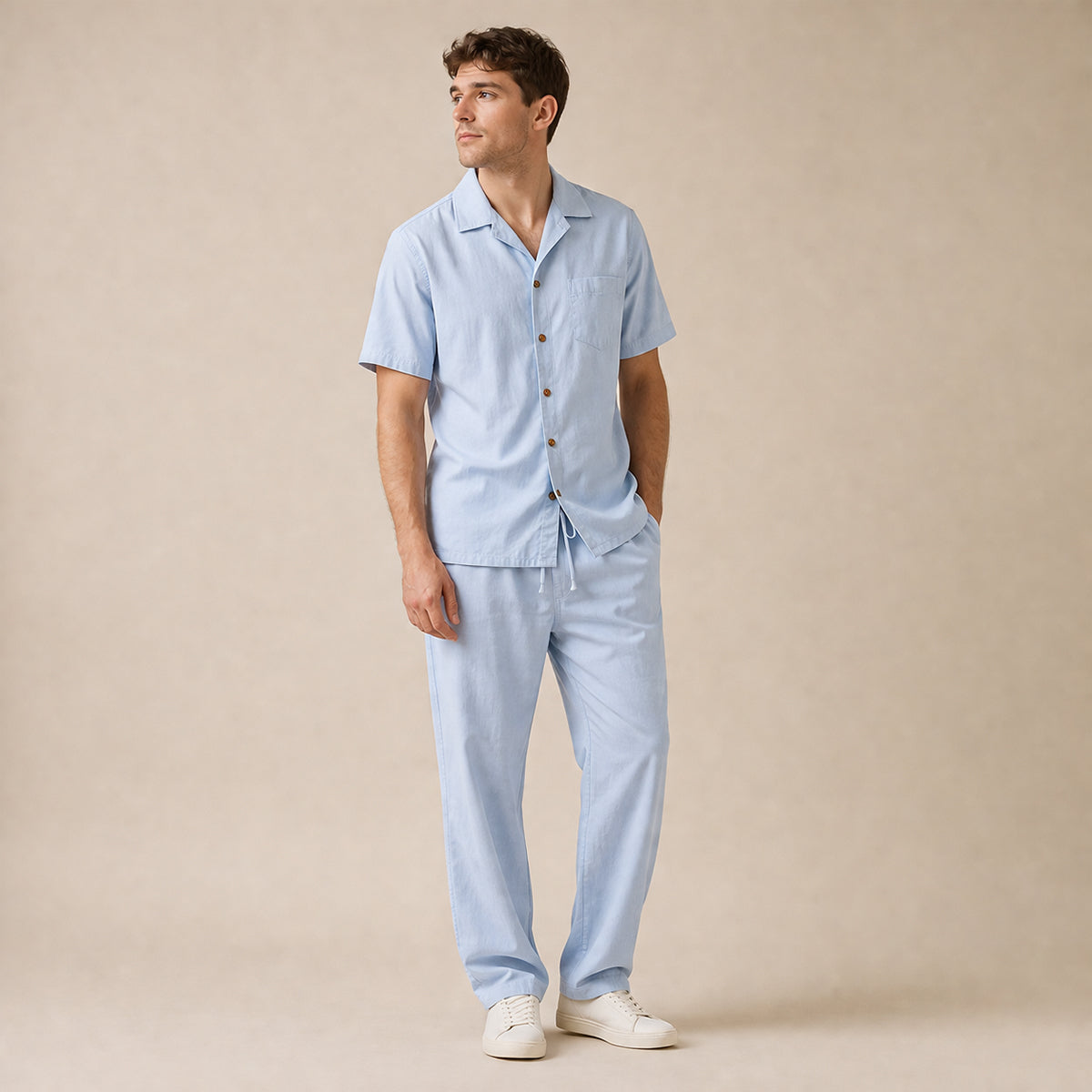 The Morzine Men’s 2 Piece Casual Button Down Set – Linen Shirt and Trousers