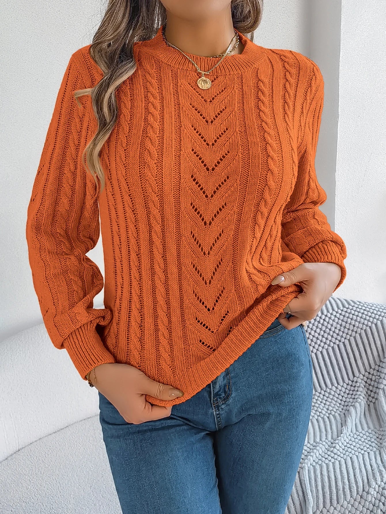 Women's Open Knit Round Neck Top