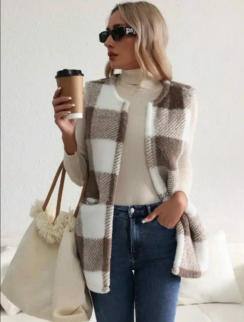 Women's Sleeveless Check Cardigan