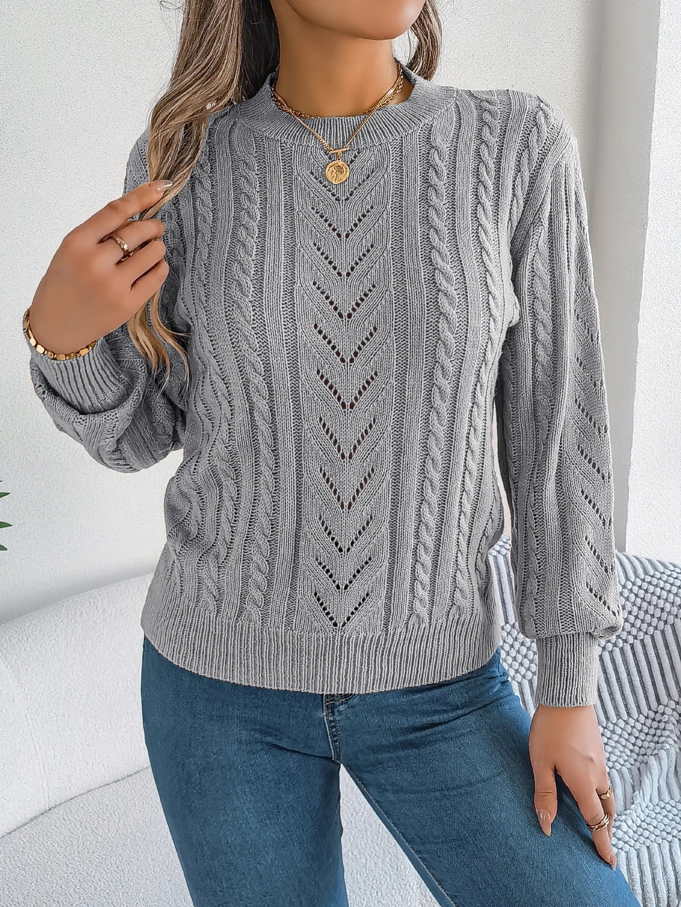 Women's Open Knit Round Neck Top
