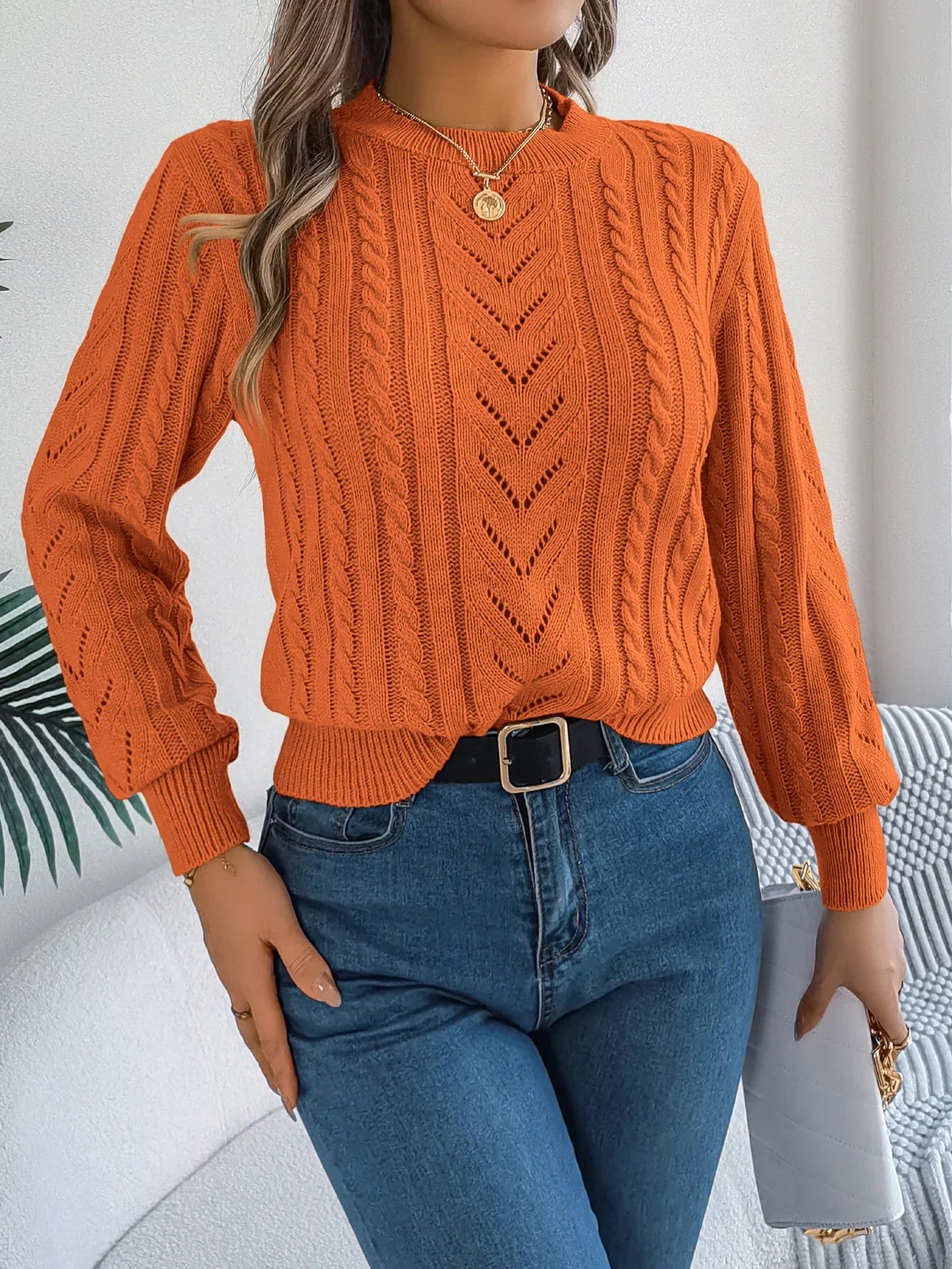 Women's Open Knit Round Neck Top