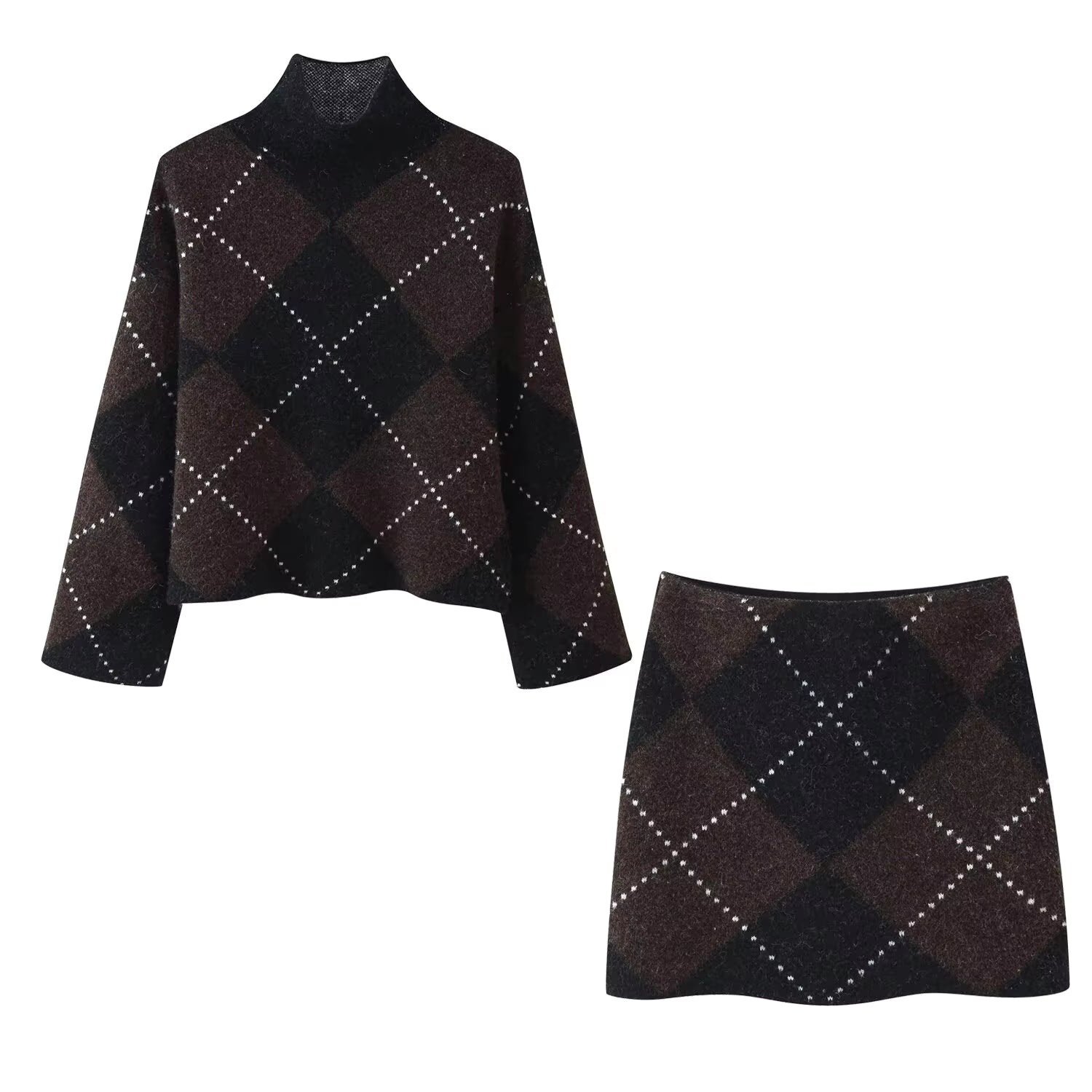 Women's Knitted Co-ord Set – Diamond Pattern Jumper & Skirt