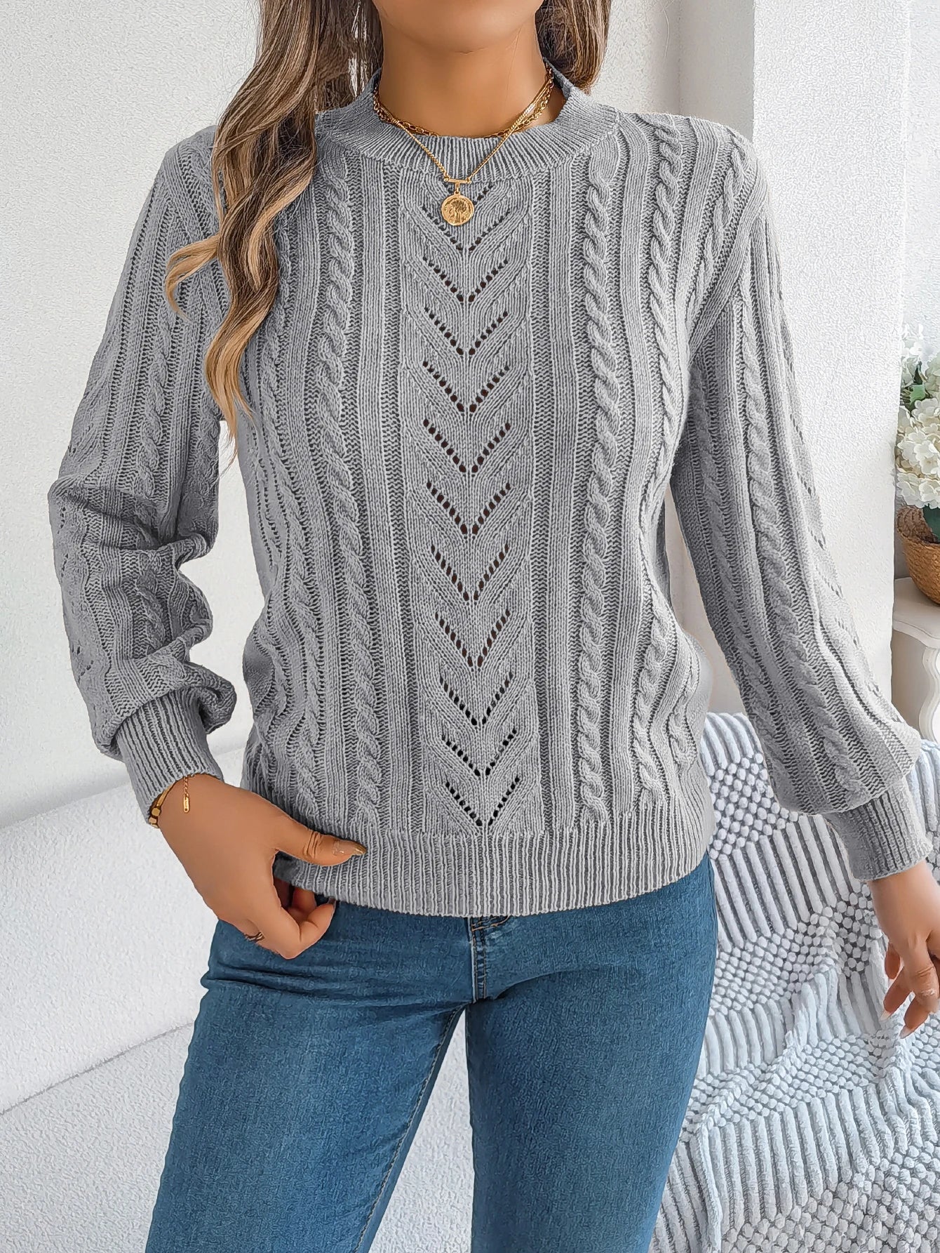 Women's Open Knit Round Neck Top