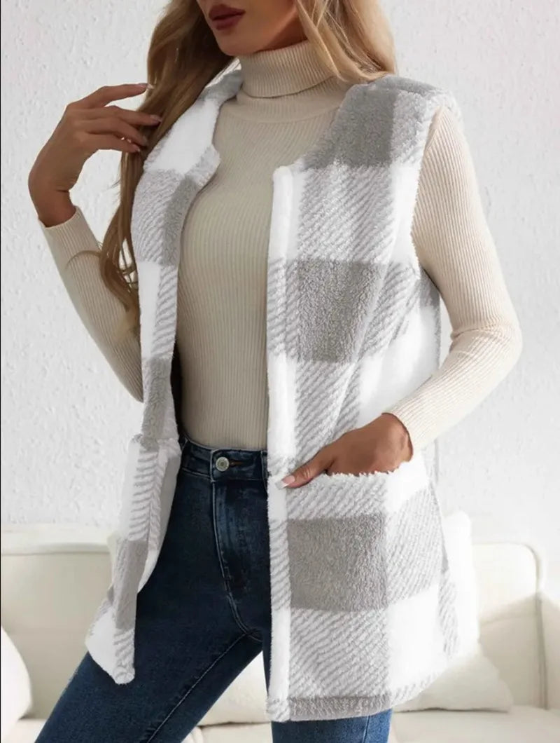 Women's Sleeveless Check Cardigan