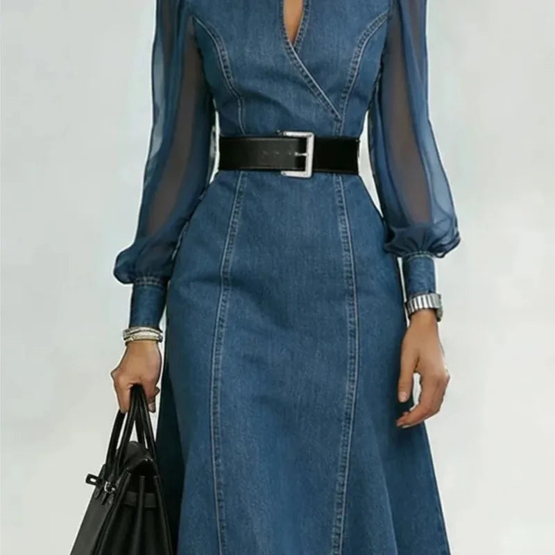 Women's Tulle Sleeve Denim Dress
