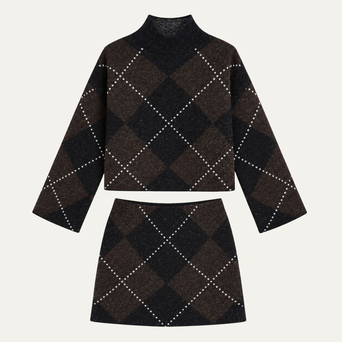 Women's Knitted Co-ord Set – Diamond Pattern Jumper & Skirt
