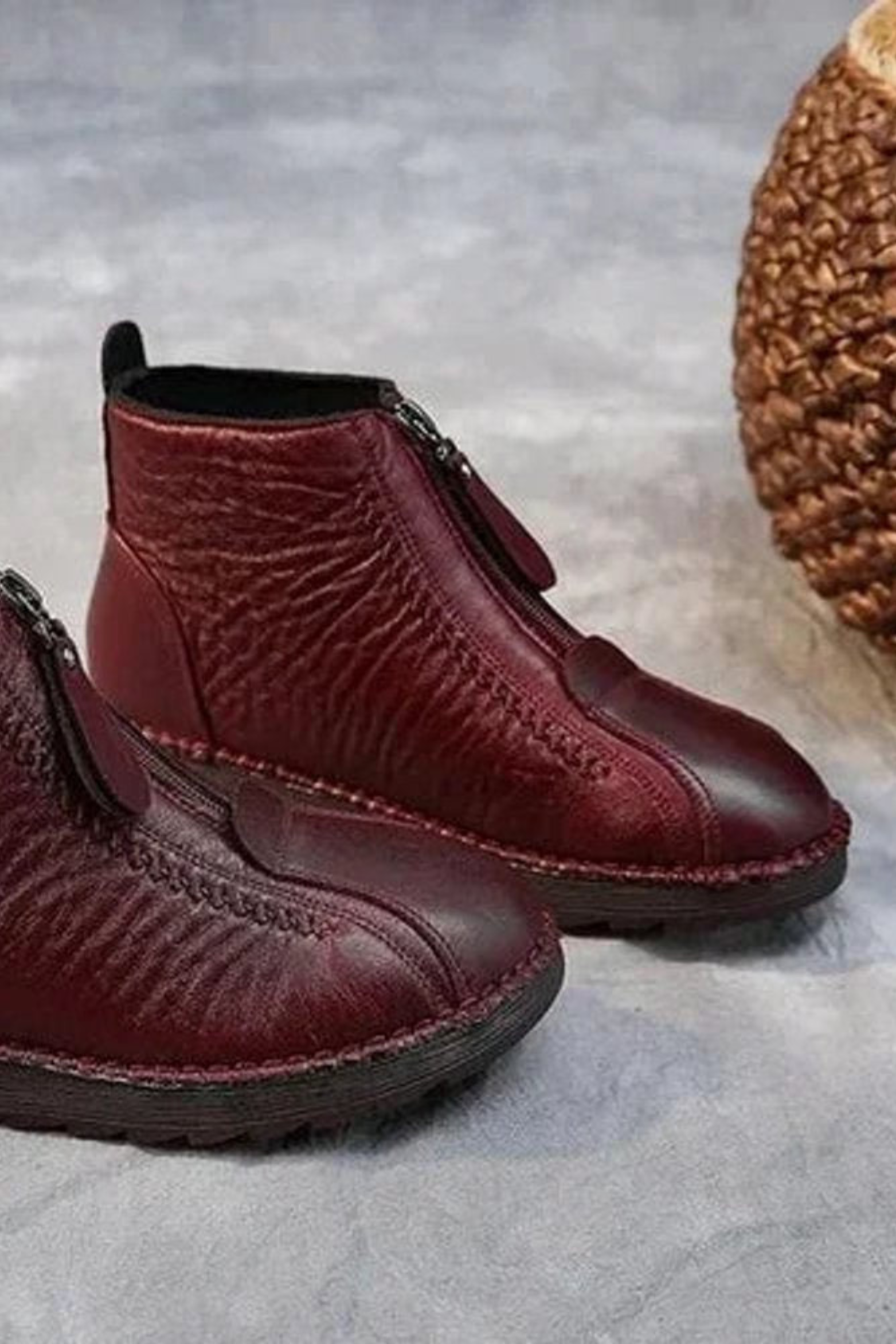 Women's Leather Ankle Boots with Front Zip Low Heel