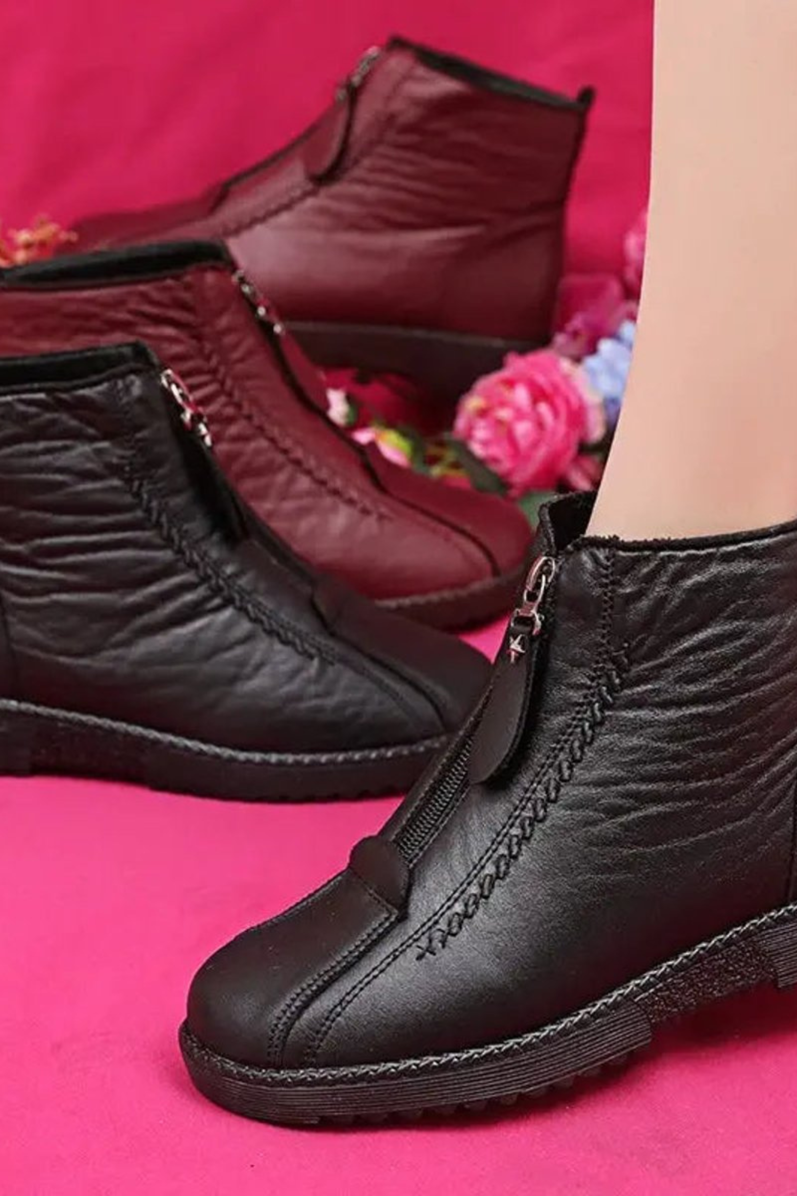 Women's Leather Ankle Boots with Front Zip Low Heel