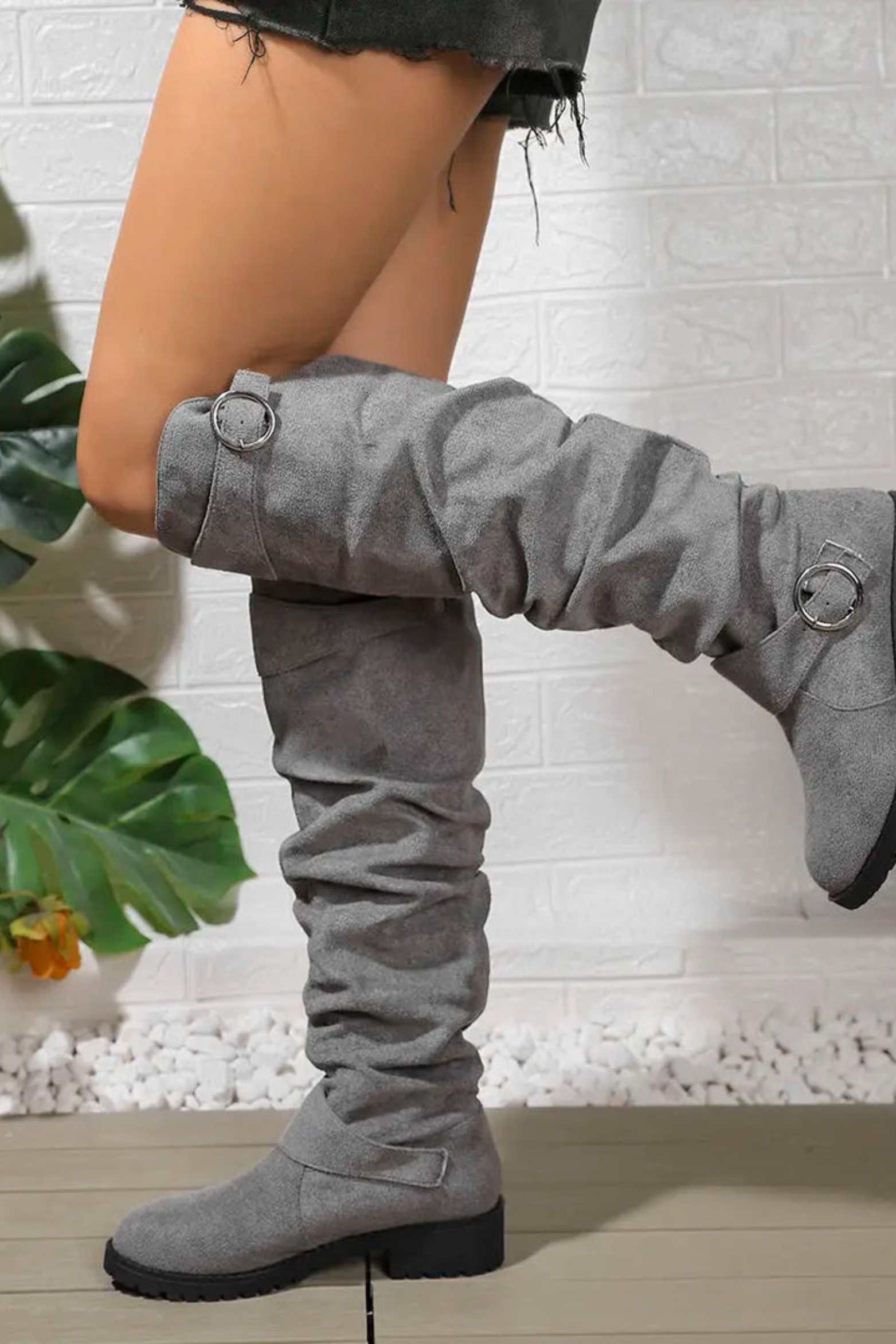 Women's Slouchy Knee High Boots with Buckle Low Heel