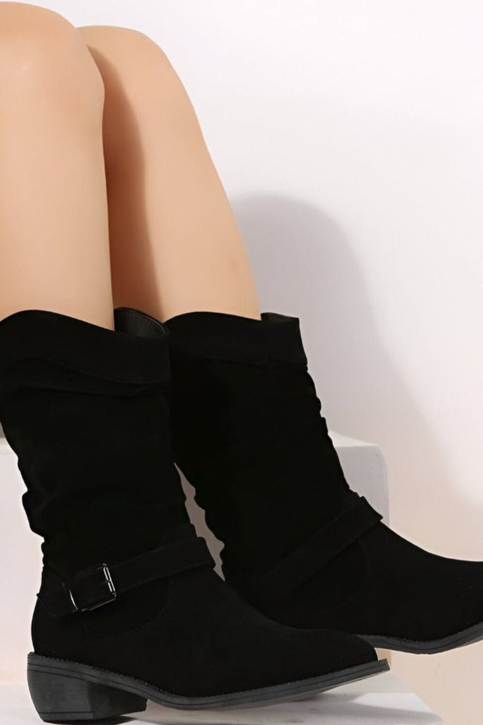 Women's Faux Suede Slouchy Ankle Boots with Buckle Low Heel