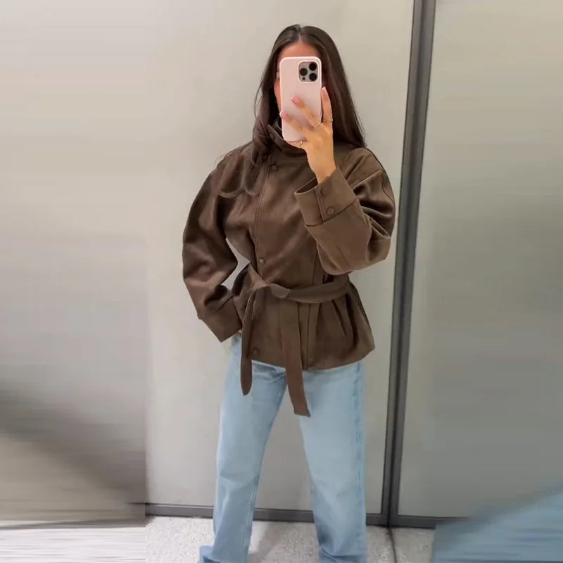 Women's Suede Jacket – Belted High Collar Brown Jacket