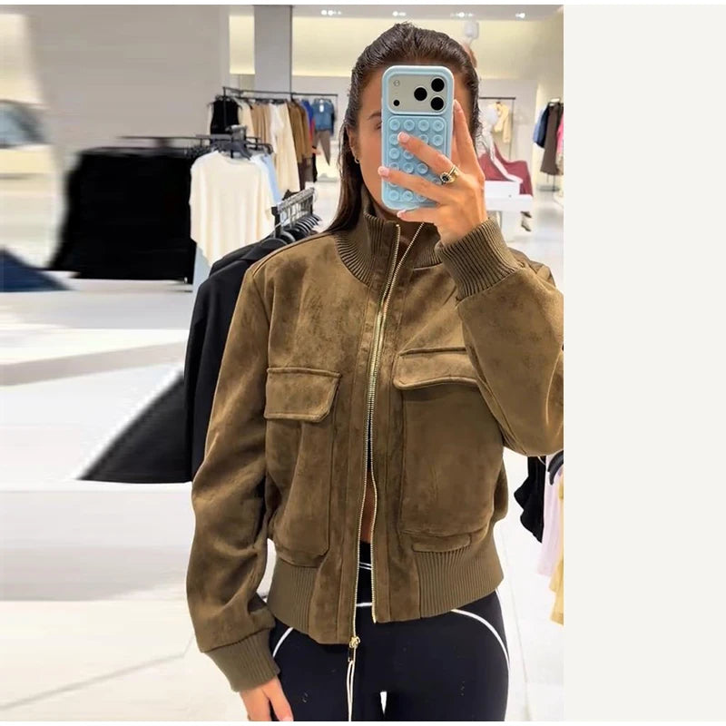 Women's Cropped Bomber Jacket – Brown Suede Jacket