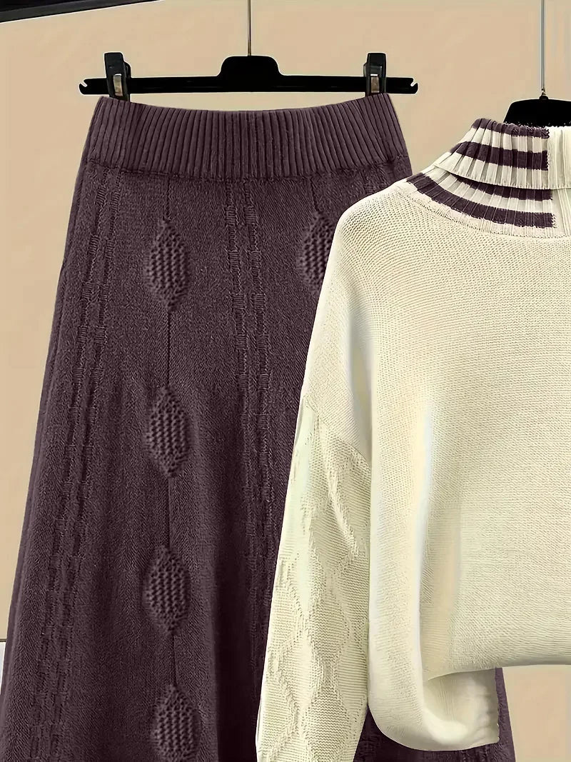Women's Co-ord Set – Colour Block Roll Neck Jumper & Skirt