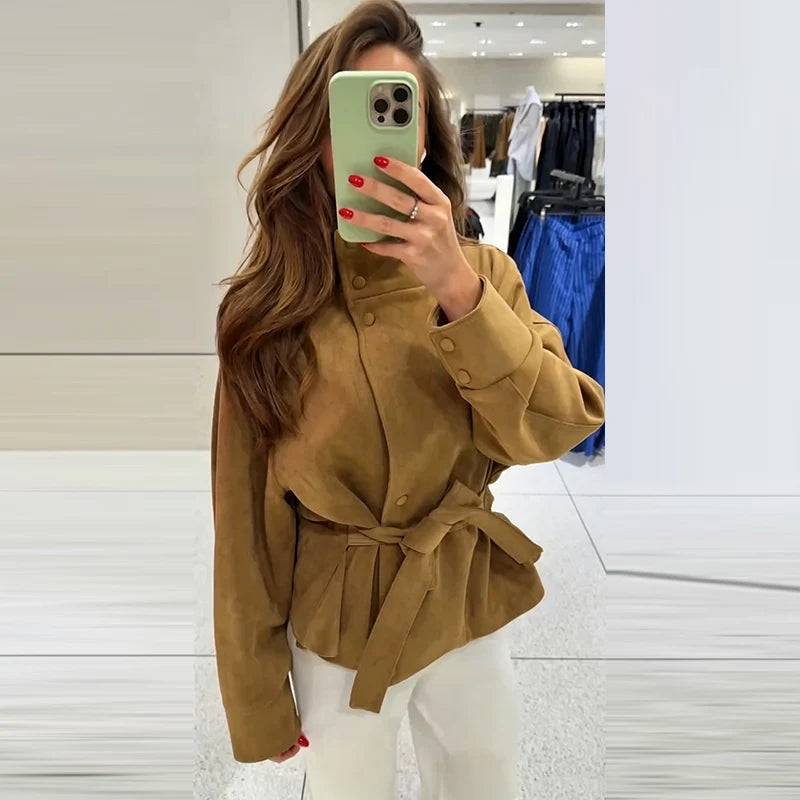 Women's Suede Jacket – Belted High Collar Khaki Jacket