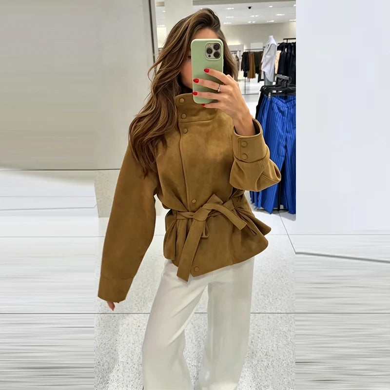 Women's Suede Jacket – Belted High Collar Khaki Jacket