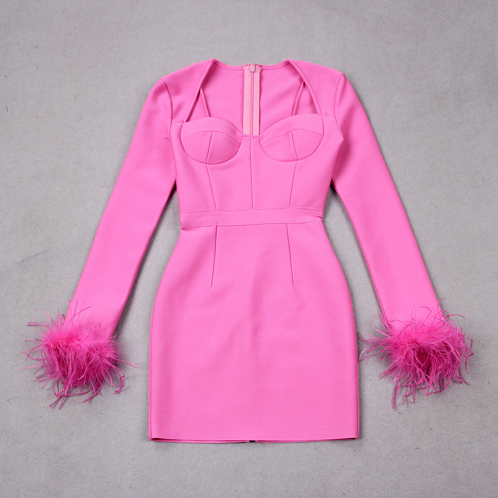 Women's Fitted Mini Dress with Feathered Cuffs