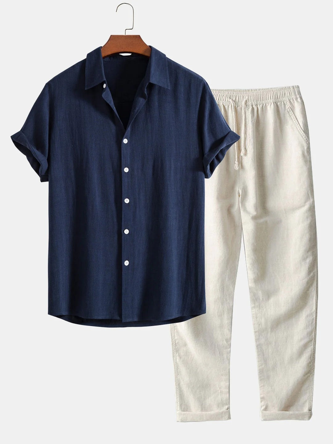 The Alghero Men's Trendy Collar Linen Shirt & Drawstring Trousers Set