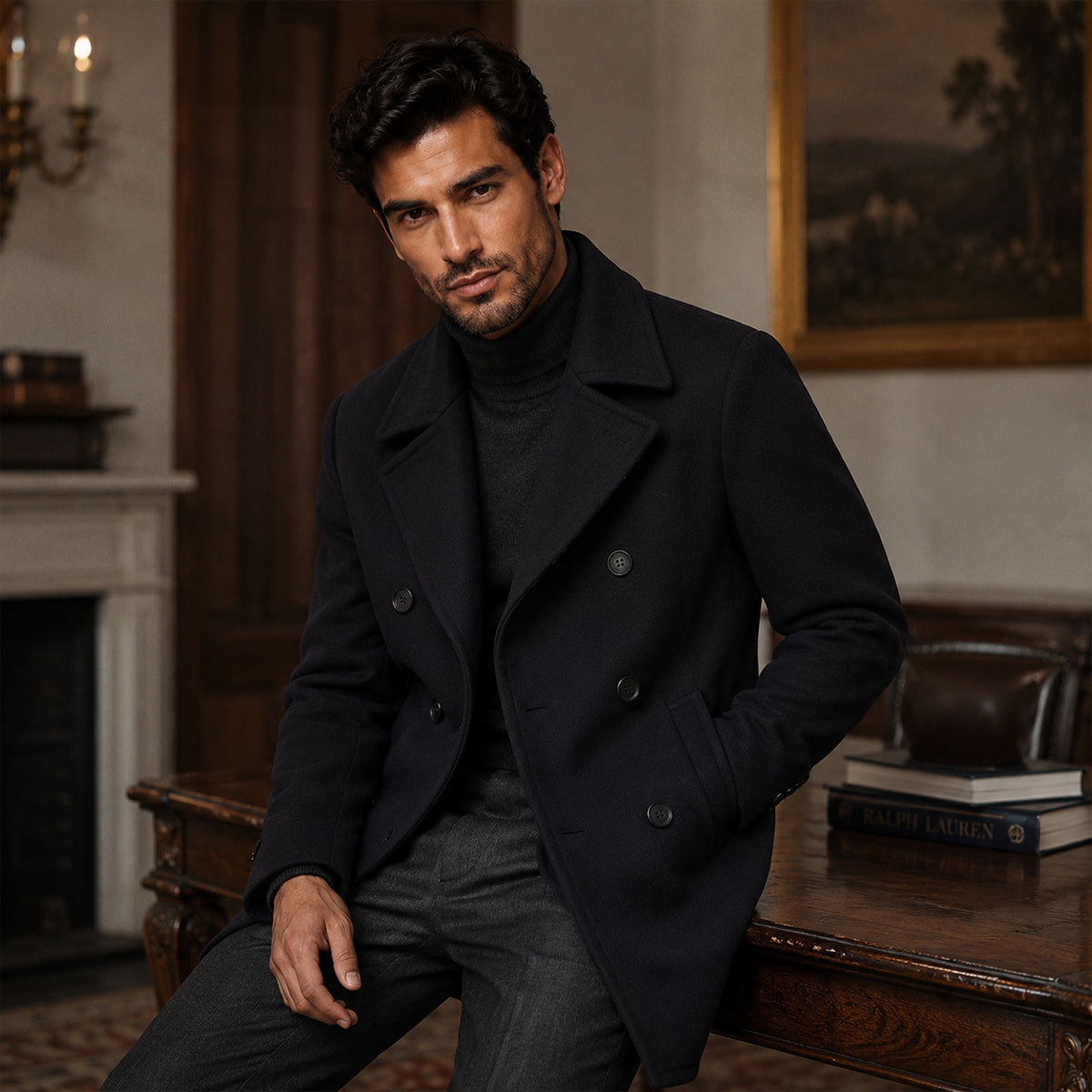 The Buckingham Men’s Warm Winter Double Breasted Wool Peacoat – Black