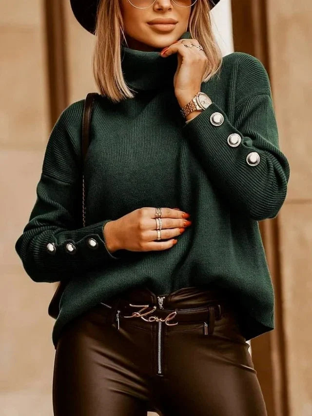 Women's High Collar Jumpers with Button Detail Sleeves and Relaxed Fit