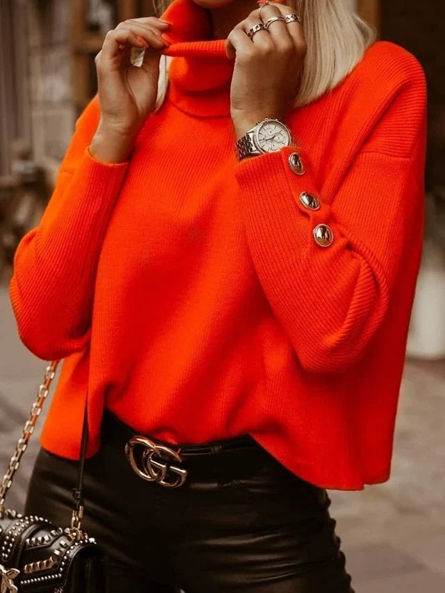 Women's High Collar Jumpers with Button Detail Sleeves and Relaxed Fit
