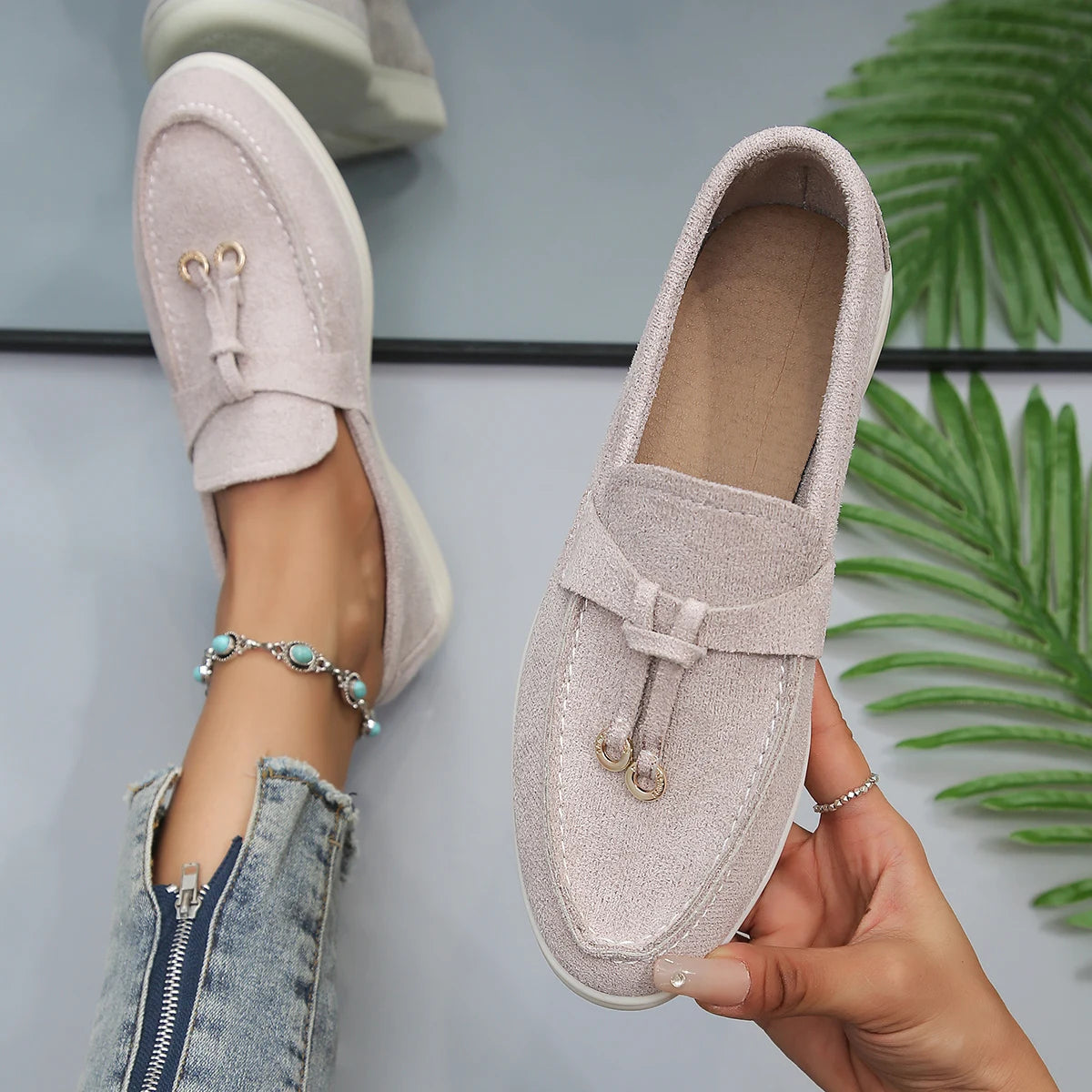 Suede Loafers for Women – Slip On Flat Shoes with Buckle Detail