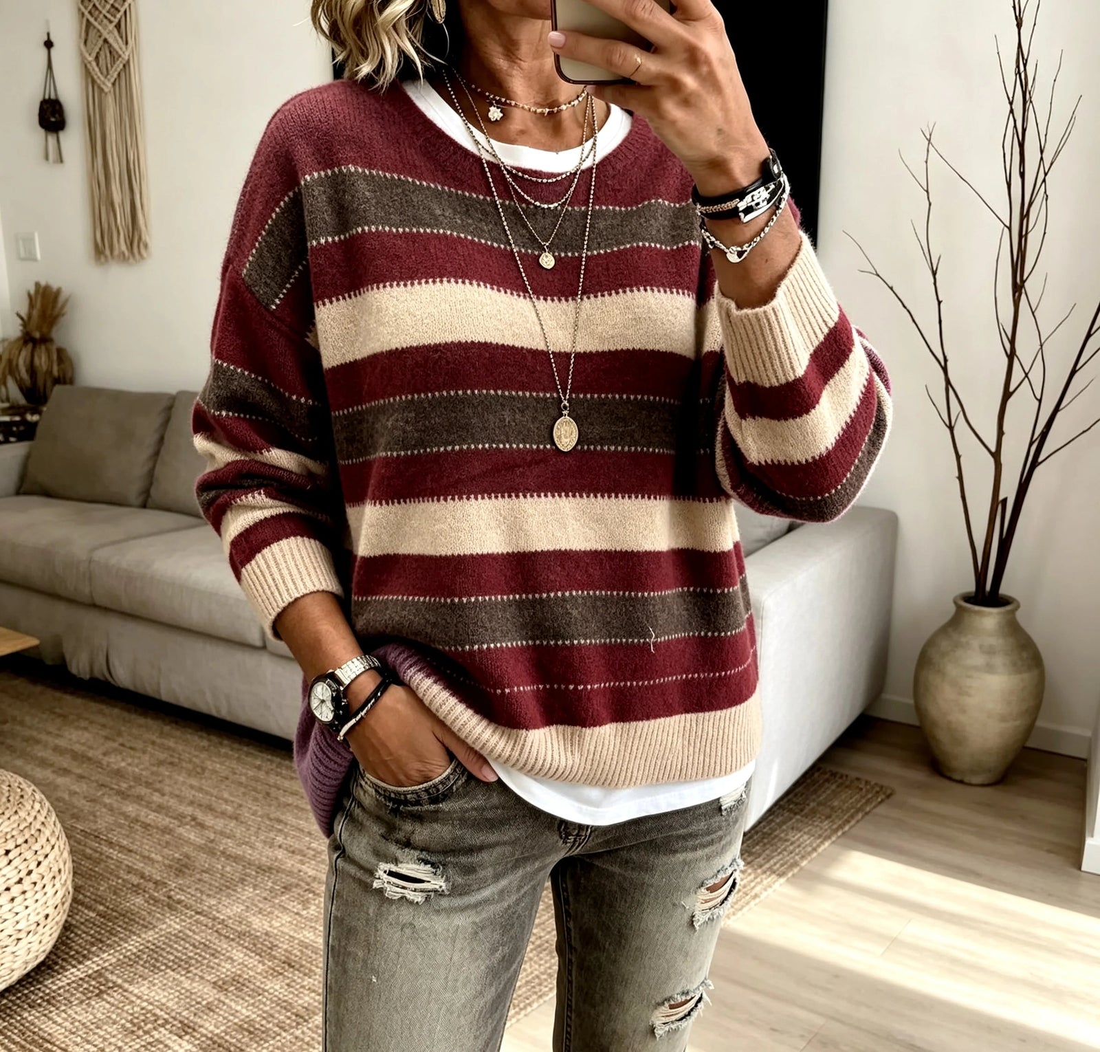 Women's Striped Jumper – Crew Neck Knitted Jumper